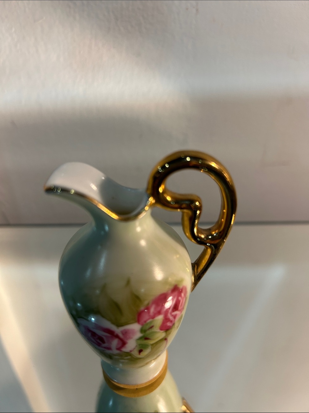 Gold-Handled White Ceramic Pitcher with Pink Floral Accent mini vintage 3”